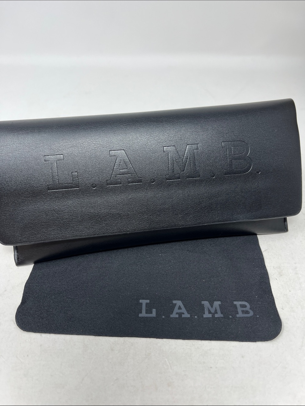 L.A.M.B. SUNGLASSES EYEGLASSES CASE BLACK FAUX LEATHER EMBOSSED & CLEANING CLOTH